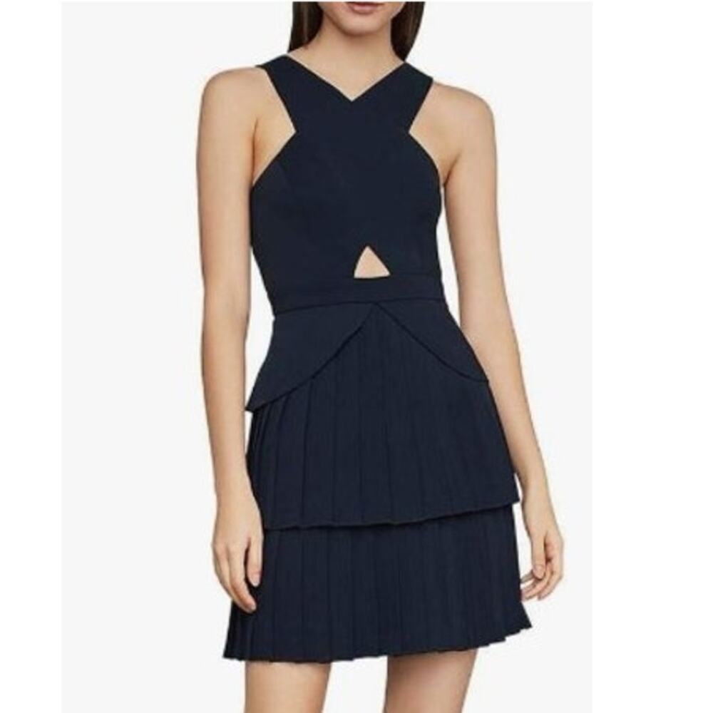 BCBGMazAzria Navy Pleated Cutout Peplum Mini Dress Size 8 Party Wedding Guest
